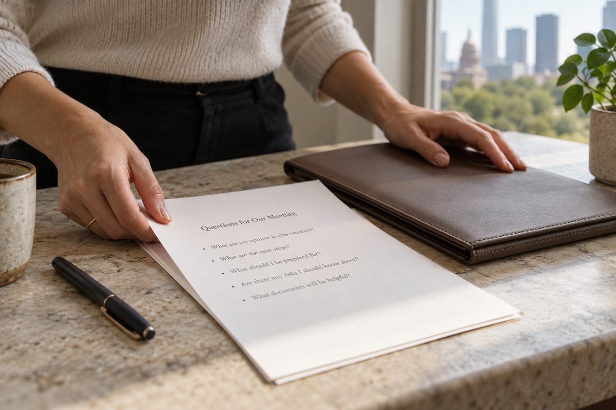 Hands arranging a question sheet beside a closed consultation folder