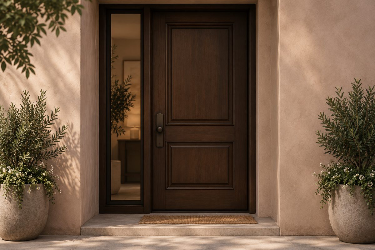 Illustrative professional-practice entrance with a timber door and side window